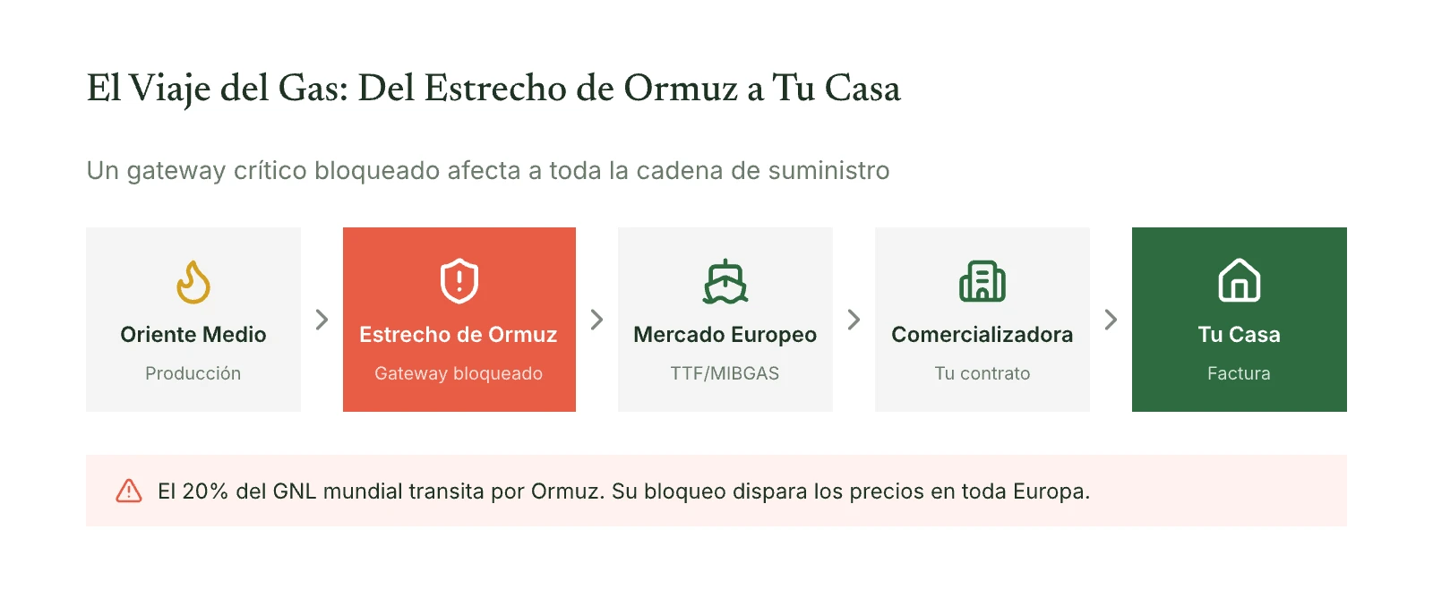 Diagrama del flujo del gas desde Oriente Medio, pasando por el estrecho de Ormuz como gateway crítico, hasta llegar a tu casa